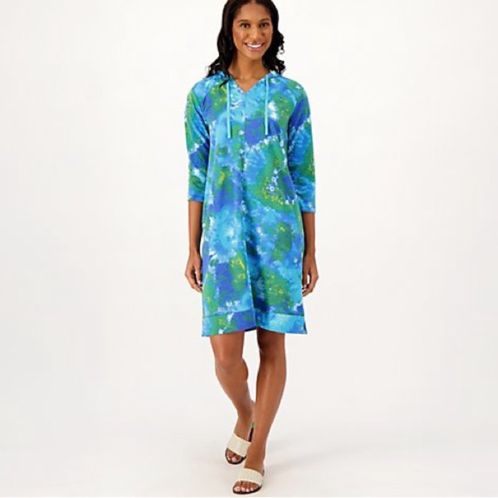 LOGO by Lori Goldstein Blue and green tie-dye hooded dress size medium